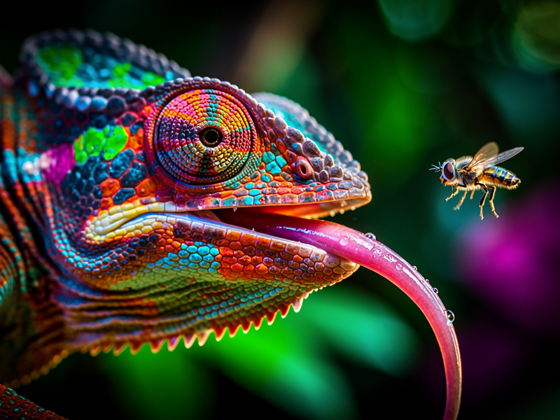 AI automatically tagging a vibrant chameleon catching a fly