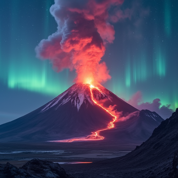 Volcano with aurora
