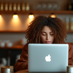 Woman working on laptop in a cozy cafe