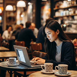 Young woman with laptop in a cozy cafe