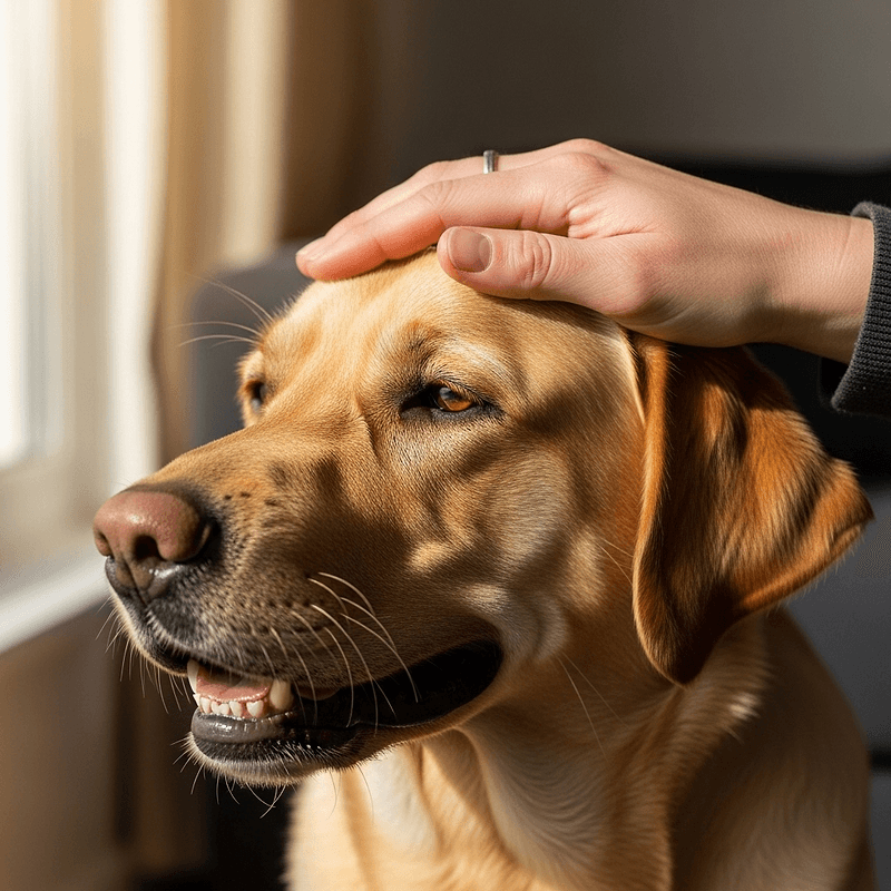 Close up of a human hand gently petting an obedient dog, showing a strong bond