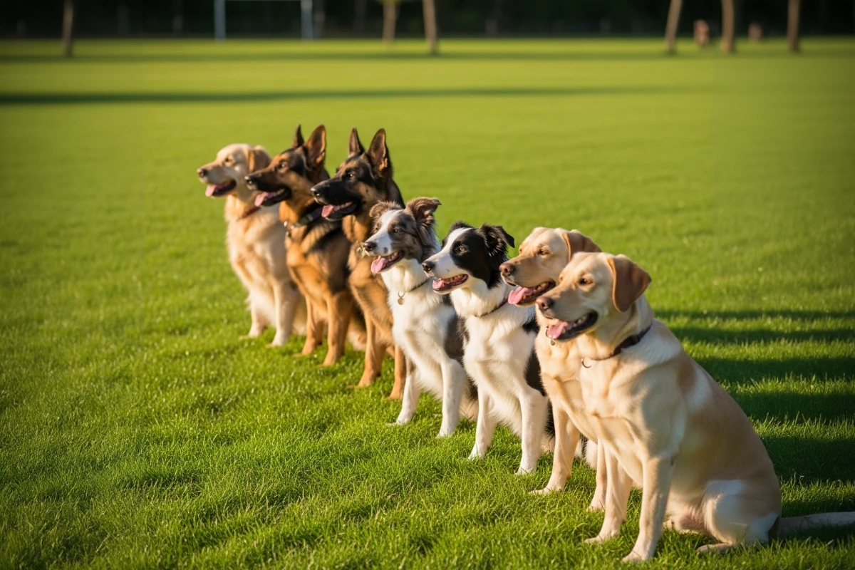 Group of well-trained dogs practicing commands together on a training field