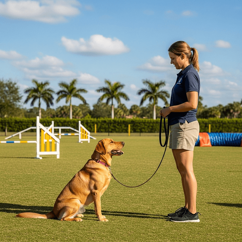 Well-behaved dog sitting calmly beside trainer