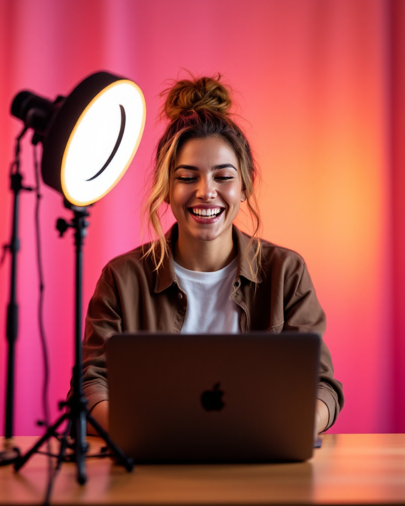 Content creator filming video with professional camera setup in bright creative studio