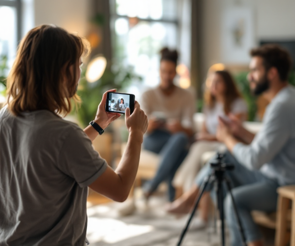 Creator recording video with smartphone on tripod showcasing products in bright casual setting