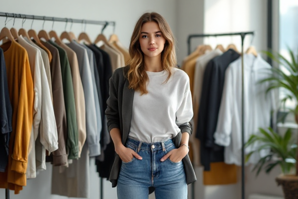 Fashion influencer styling trendy outfit with modern clothing and accessories in bright studio