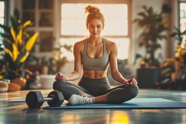 Fitness influencer with workout gear and gym equipment in bright, energetic studio setting