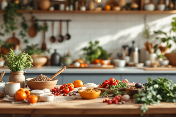 Food blogger kitchen with artisan ingredients, premium cookware, and fresh produce in warm natural light