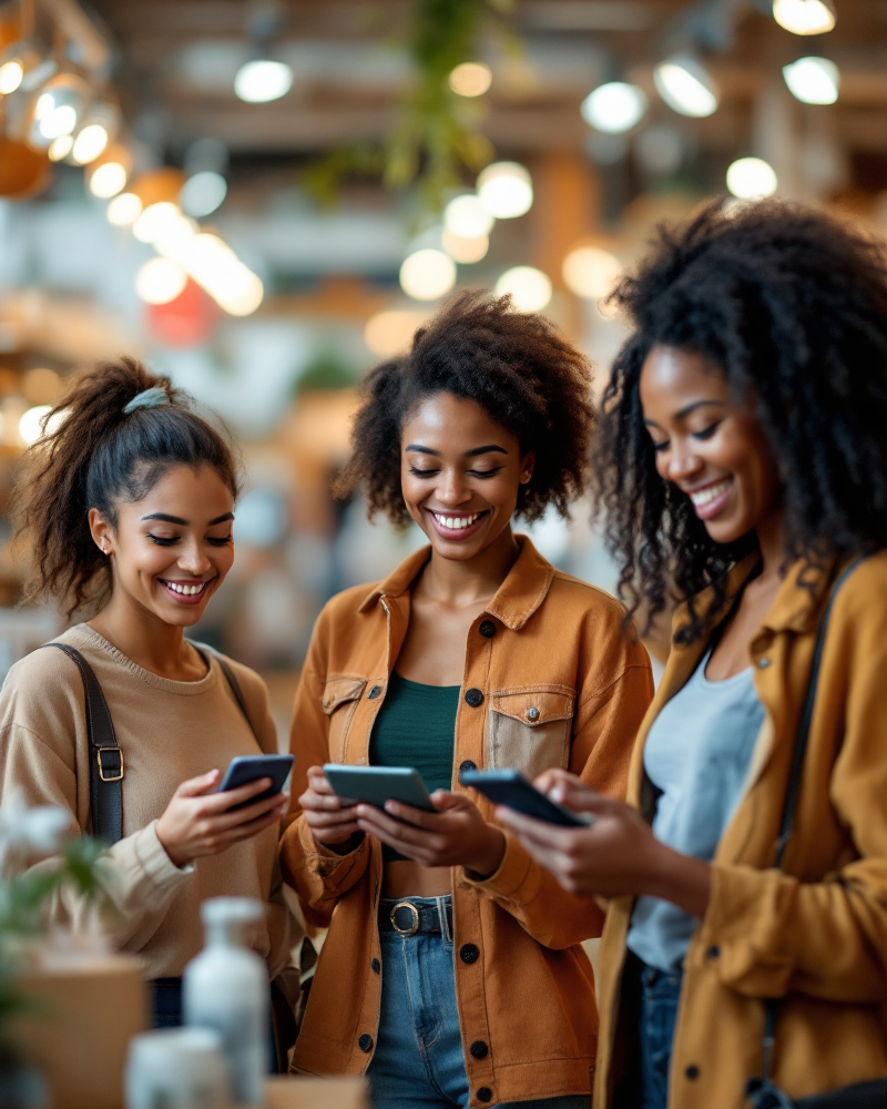 Happy diverse shoppers browsing curated products on mobile devices