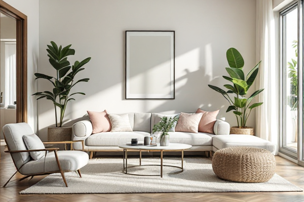 Home decor creator styling modern living space with stylish furniture and aesthetic decor items