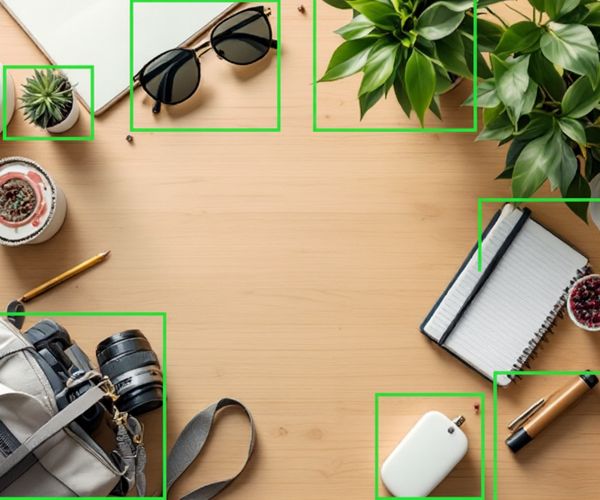 Overhead view of table with various products and colored rectangle boxes around each item showing AI detection