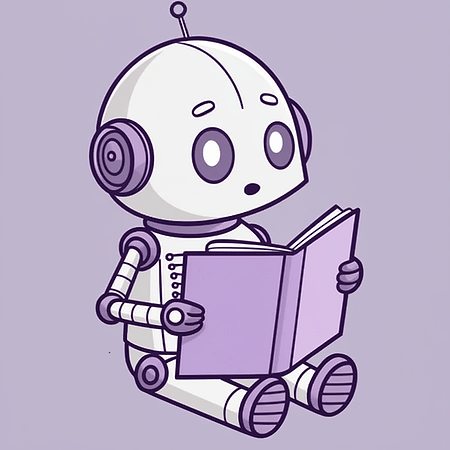 Robot reading a book, flat illustration, pastel purple theme